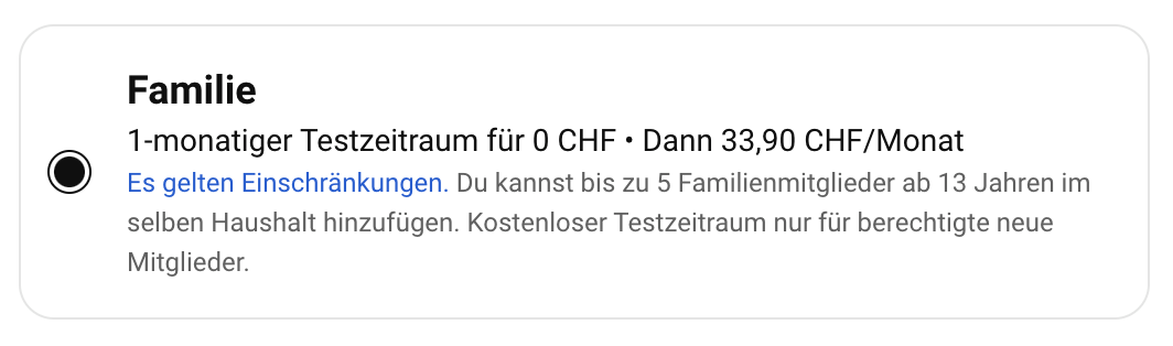 In der Schweiz kostet das Familienabo für YouTube-Premium ab sofort 33.90 Franken.