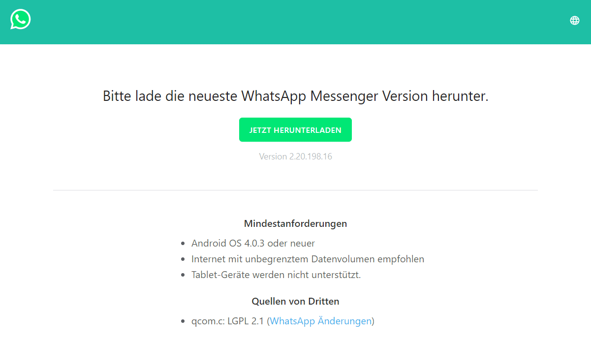 WhatsApp als APK-Datei von der offiziellen Website herunterladen.
