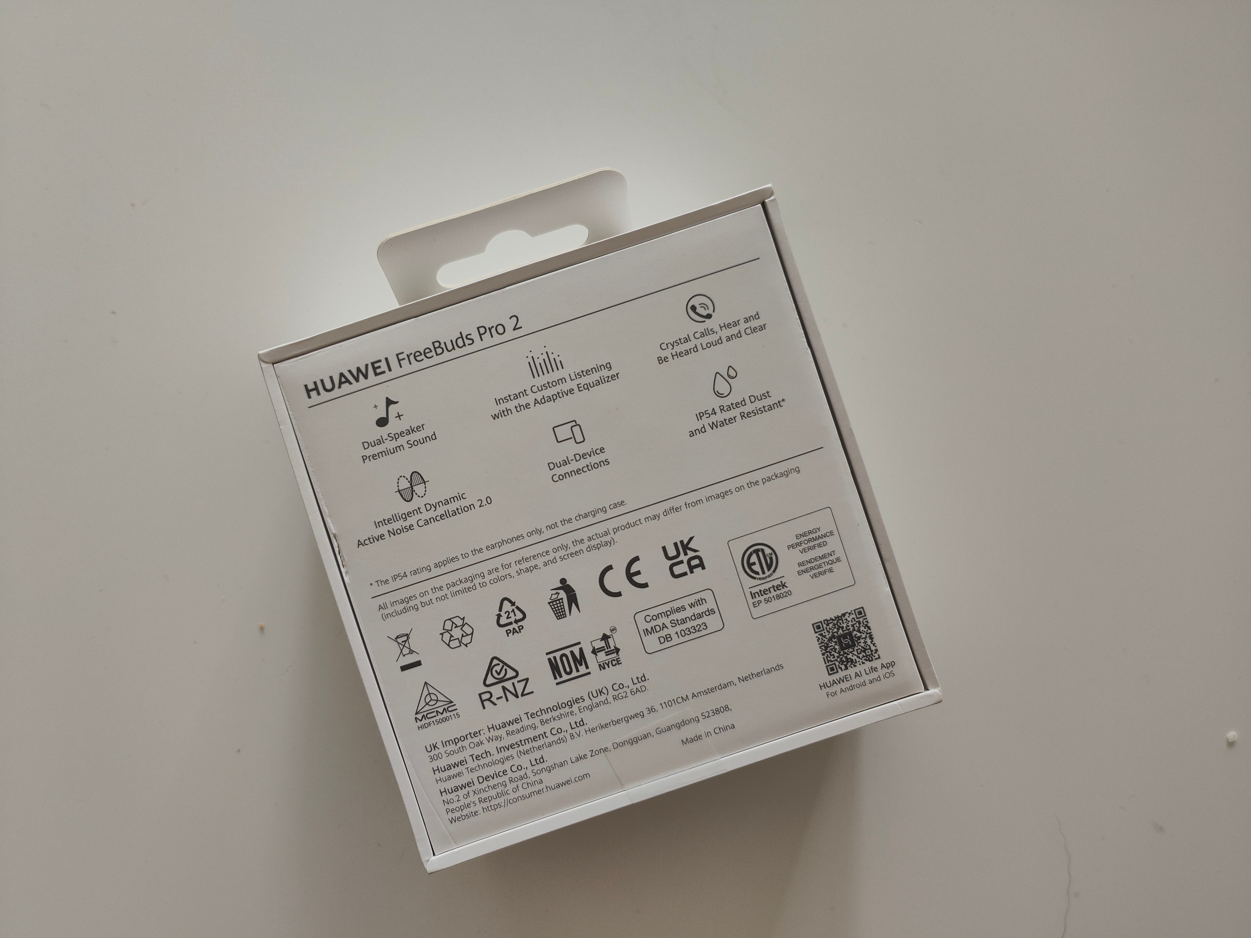 Die Verpackungsrückseite der Huawei FreeBuds 2 Pro