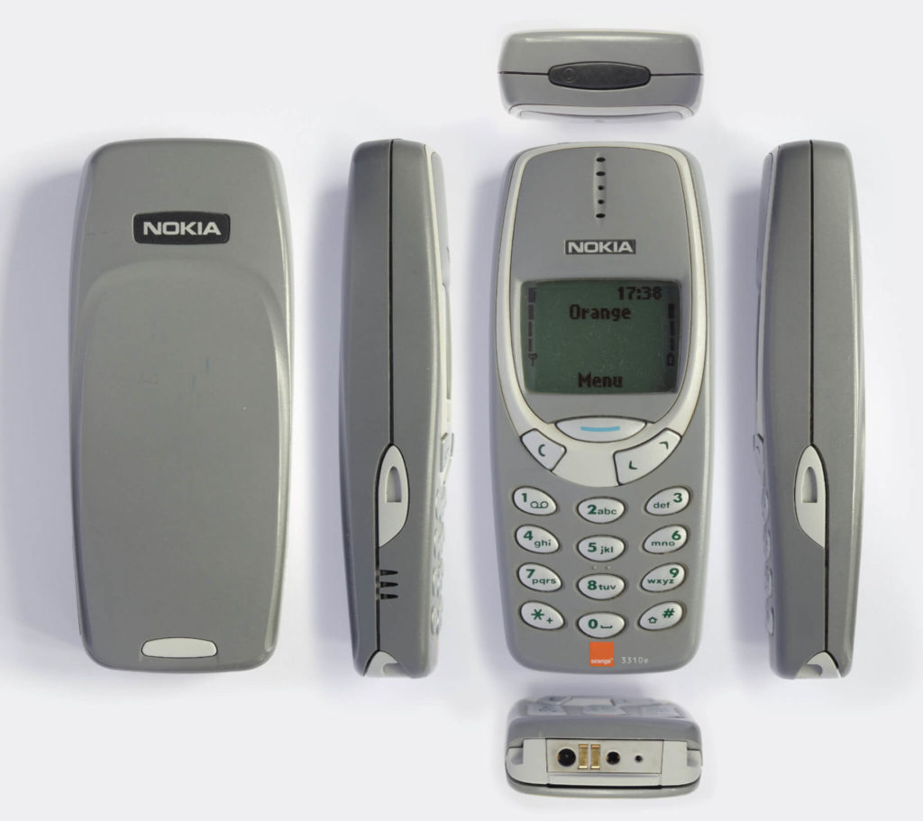 Nokia 3310 von allen Seiten in grauer Farbe.