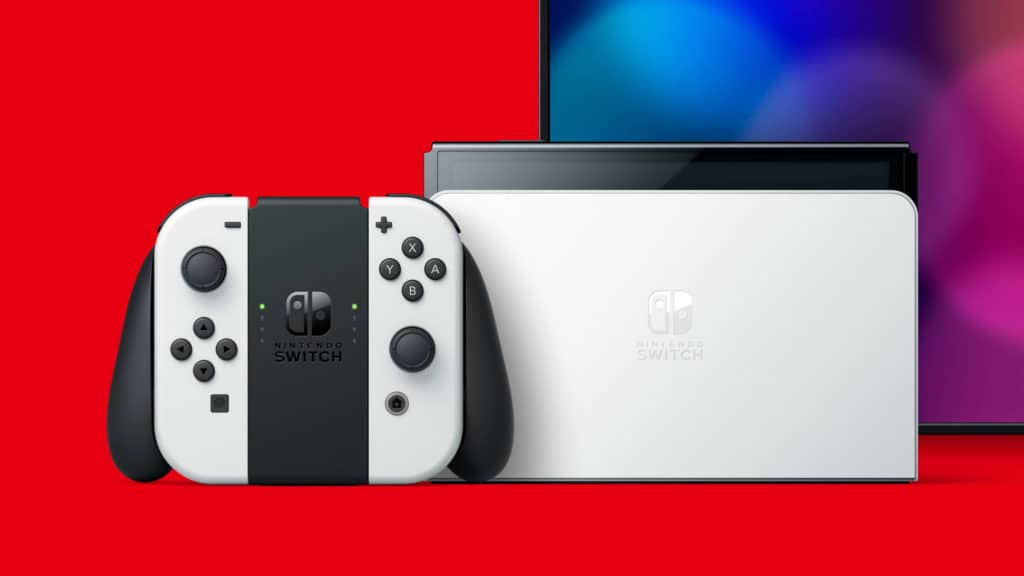 Nintendo Switch (OLED-Modell) in der Farbe Weiss/Schwarz.