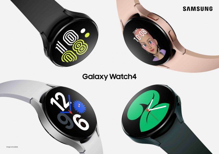 Samsung Galaxy Watch4 in vier verschiedenen Farben.