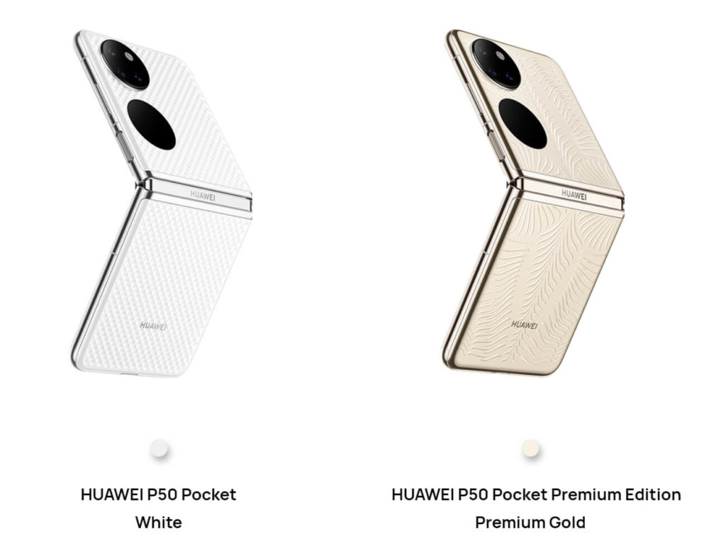 Huawei P50 Pocket Farbe in Weiss und Gold.