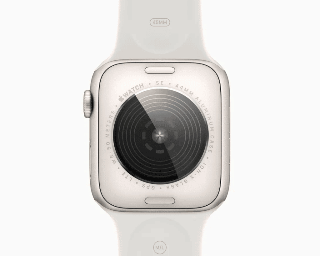 Apple Watch SE 2022: Die Rückseite hat die gleiche Farbe wie die Vorderseite.