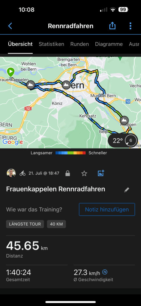 Übersicht eines Rennradtrainings in der Garmin Connect-App